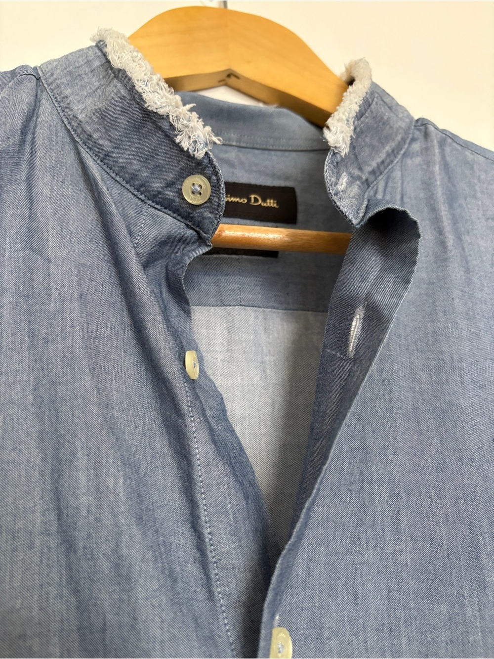 Massimo Dutti Italian Fabric Frayed Raw Hem Band Collar Shirt Men's 16.5 SzL